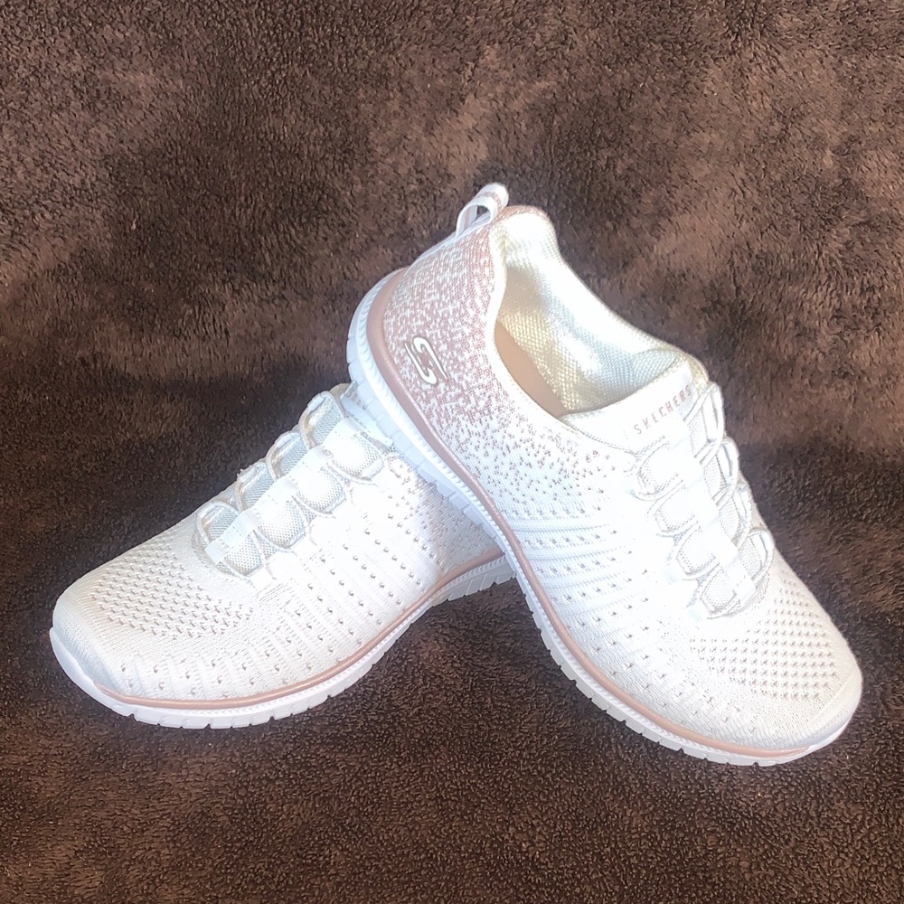 Skechers Virtue Washable Knit Bungee Sneakers in White Rose Gold
